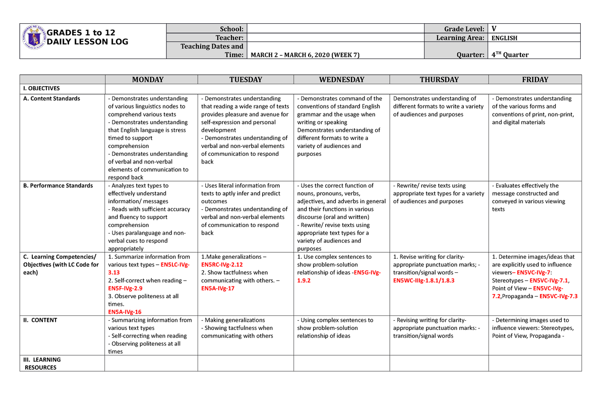 Grade 5 DLL English 5 Q4 Week 7 - GRADES 1 to 12 DAILY LESSON LOG ...