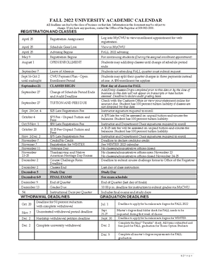 Academic calendar fall 22 - 1 | P a g e FALL 2022 UNIVERSITY ACADEMIC  CALENDAR All deadlines are due - Studocu