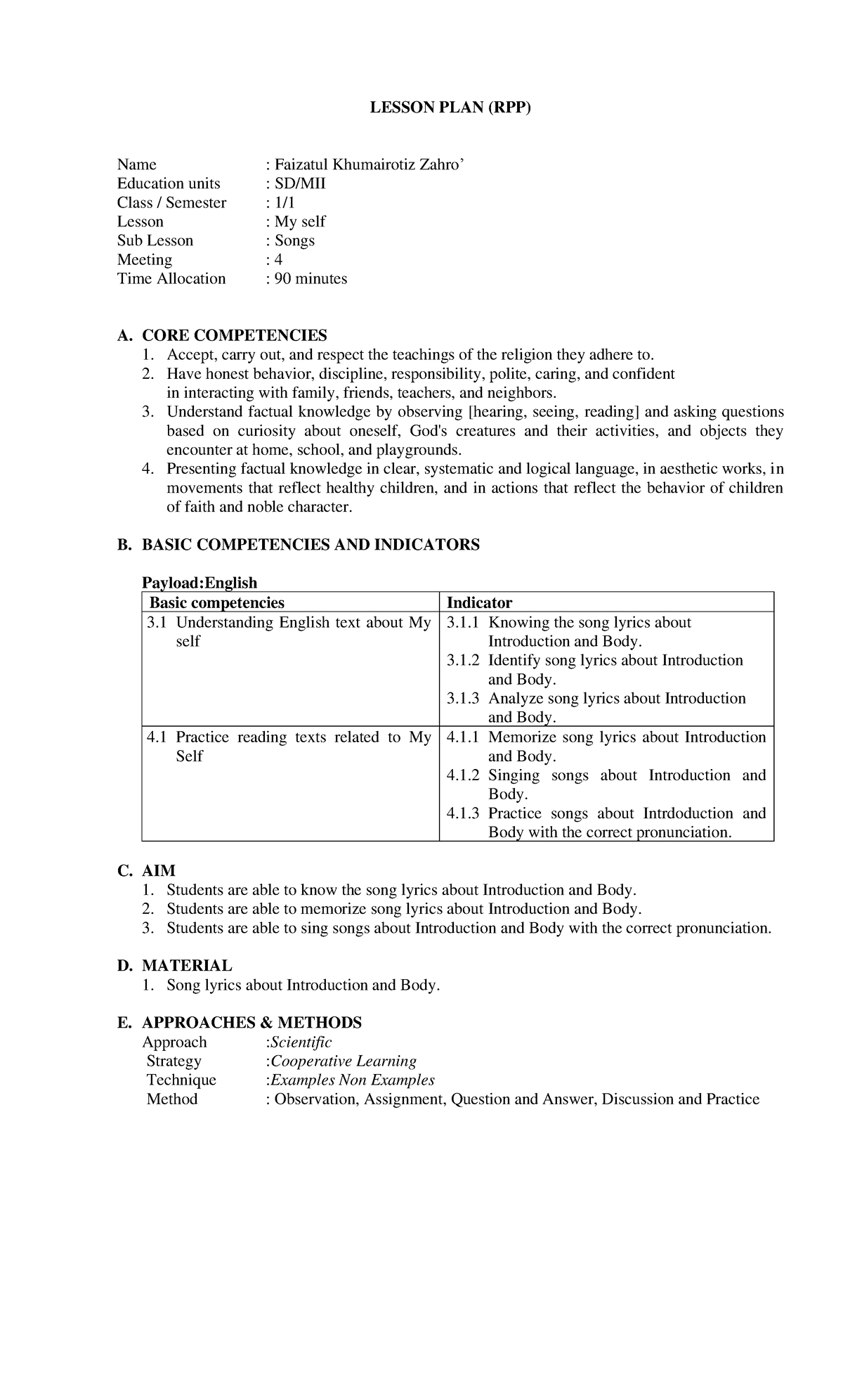 Individual Lesson PLAN - LESSON PLAN (RPP) Name : Faizatul Khumairotiz ...