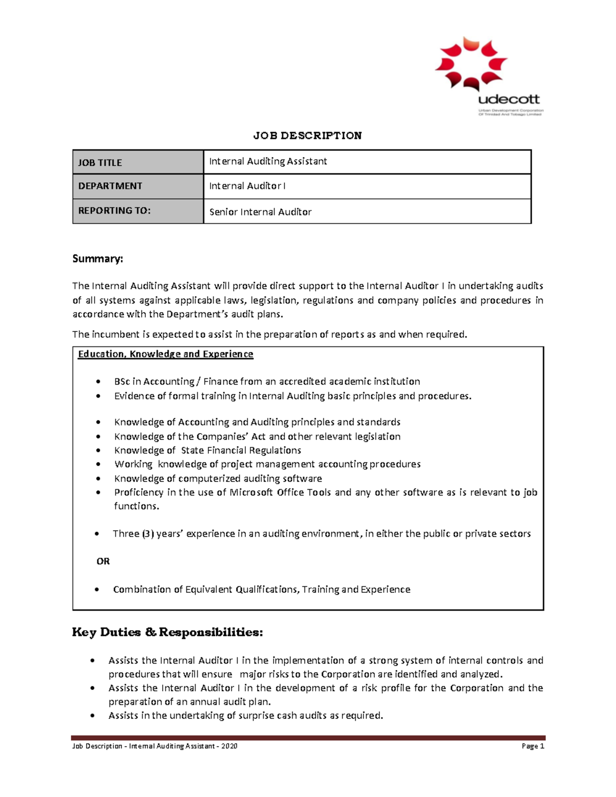 InternalAuditingAssistant Job Description Internal Auditing