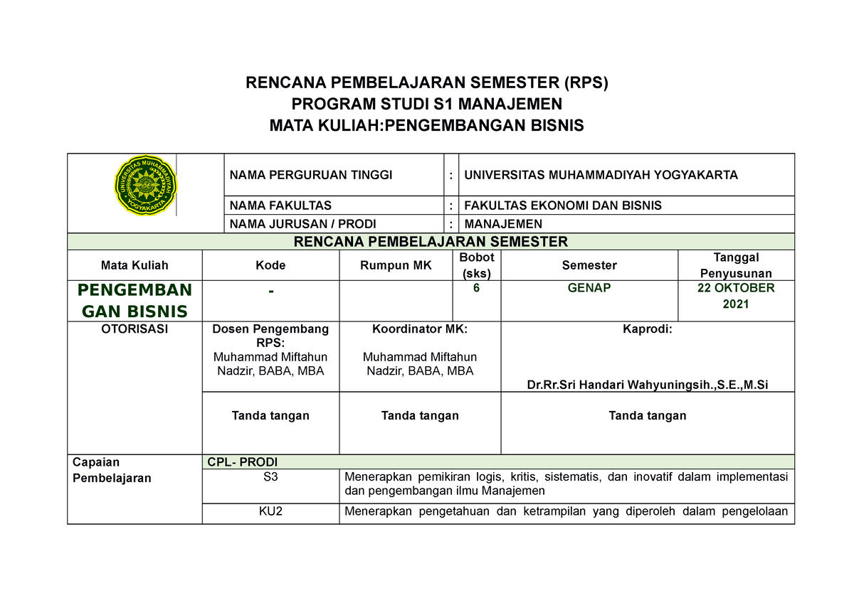 RPS Pengembangan Bisnis - RENCANA PEMBELAJARAN SEMESTER (RPS) PROGRAM ...