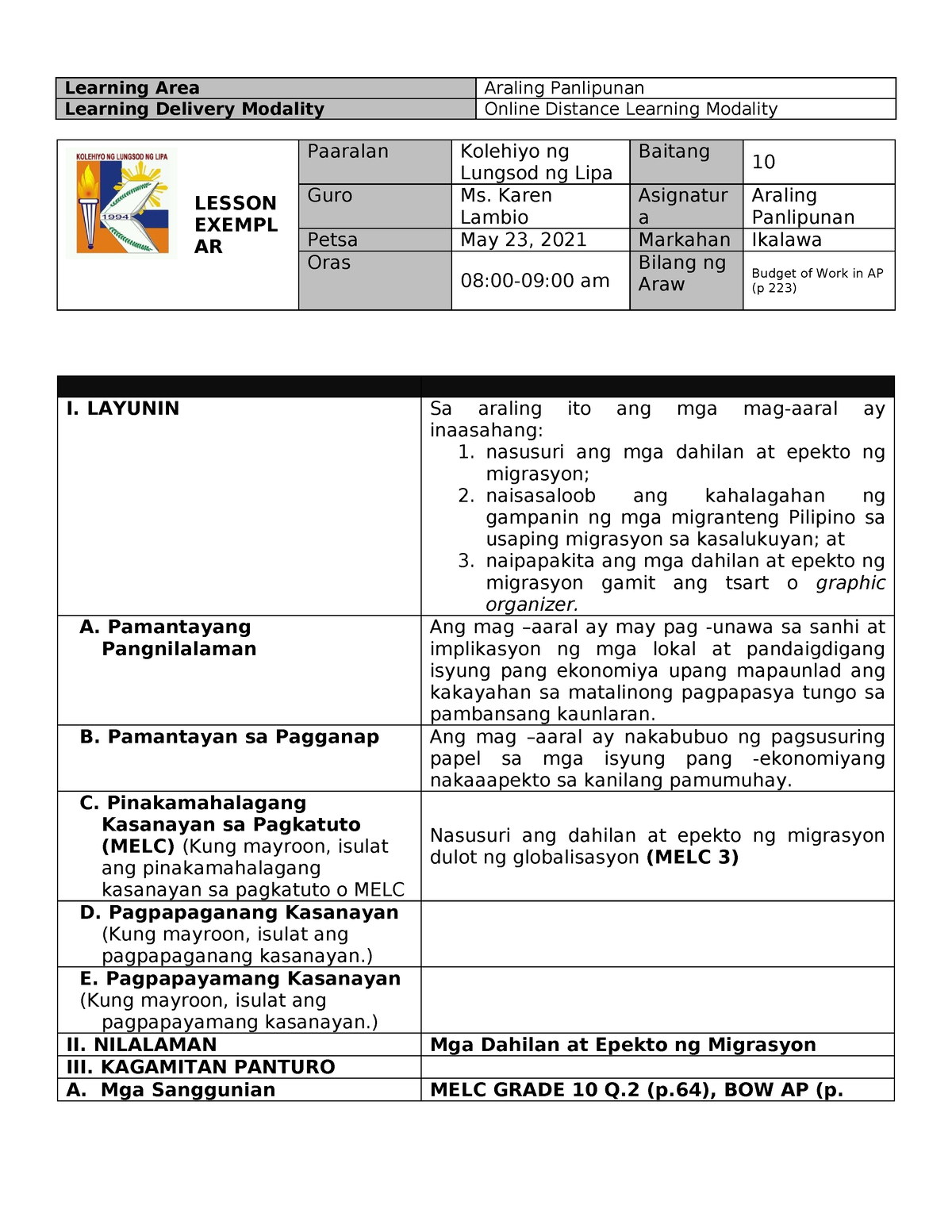 Lesson Exemplar Final Demo - Learning Area Araling Panlipunan Learning ...