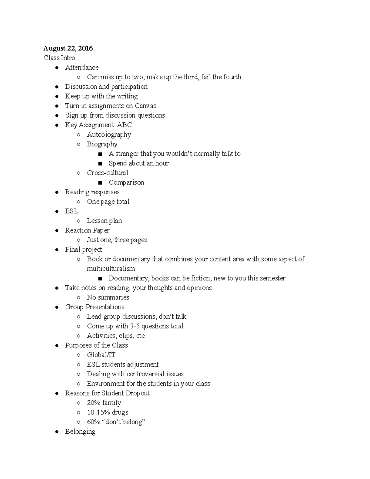 Multicultural Instruction Notes 1/3 - August 22, 2016 Class Intro ...