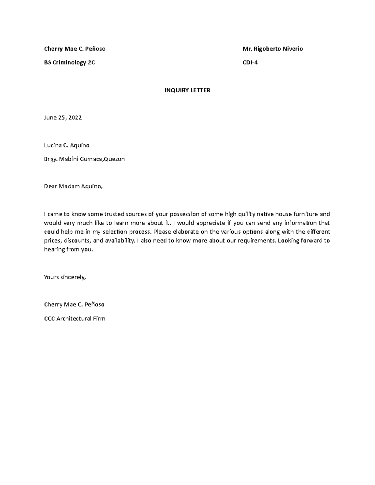 Penoso CDI4- Inquiry Letter - Cherry Mae C. PeñosoBS Criminology 2C Mr ...