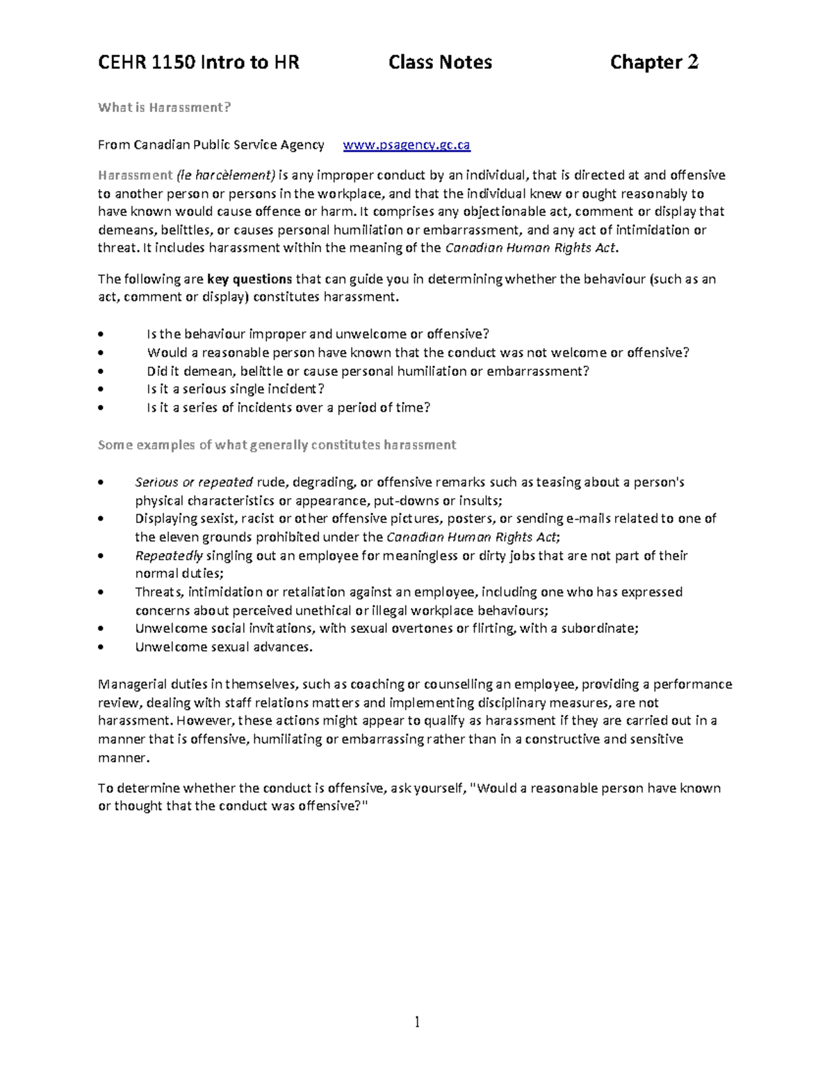 Class Notes Ch 2 Harassment - What is Harassment? From Canadian Public ...