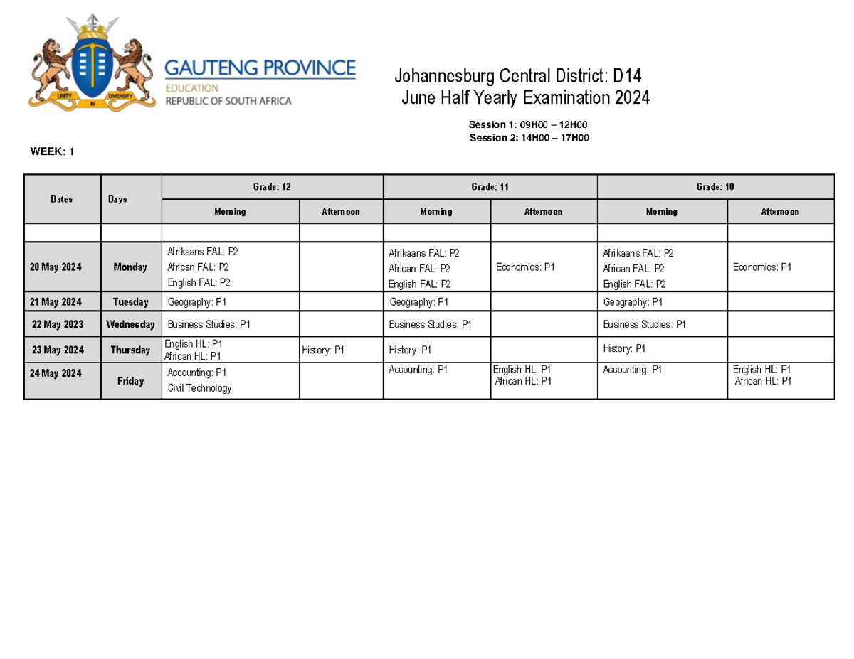 June Exam Time Table 2024 - Dates Days Morning Afternoon Morning ...