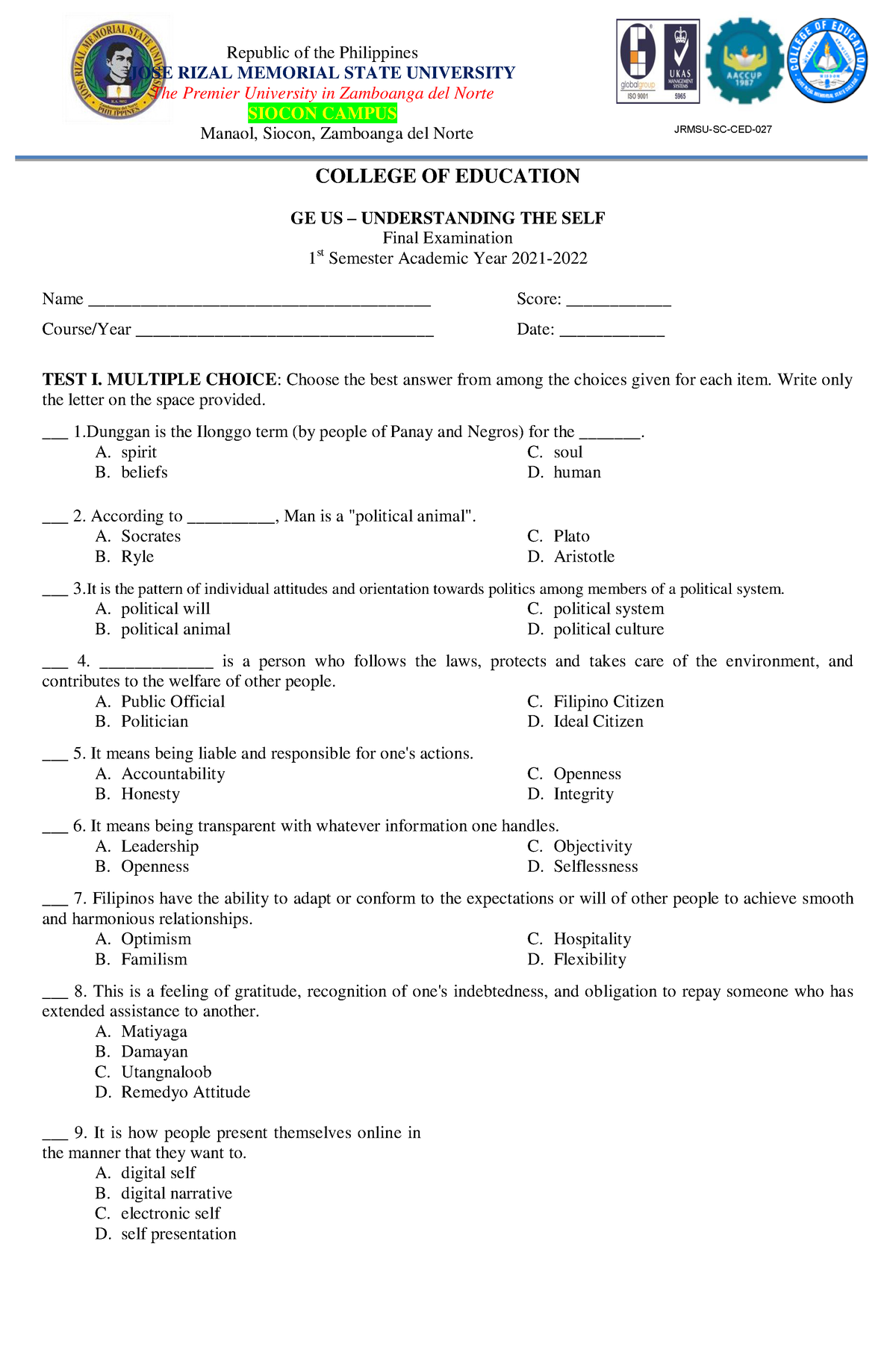 Final Exam GE-US - GE-PH - Republic Of The Philippines JOSE RIZAL ...