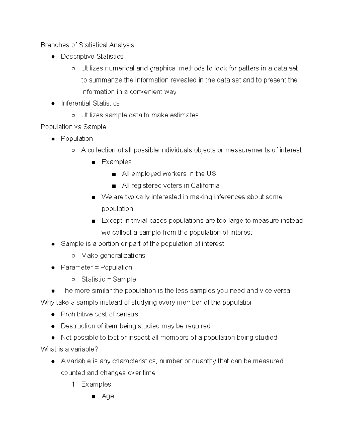 Branches of Statistical Analysis - Examples Age Business Profit ...