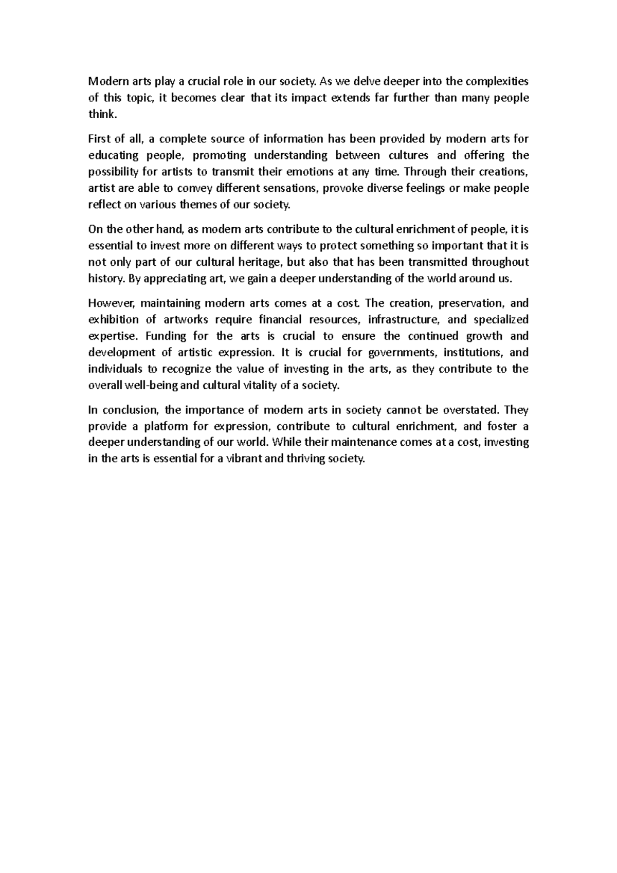 Essay Modern arts ,,,,,,,,,,,,,, Modern arts play a crucial role in our society. As we delve