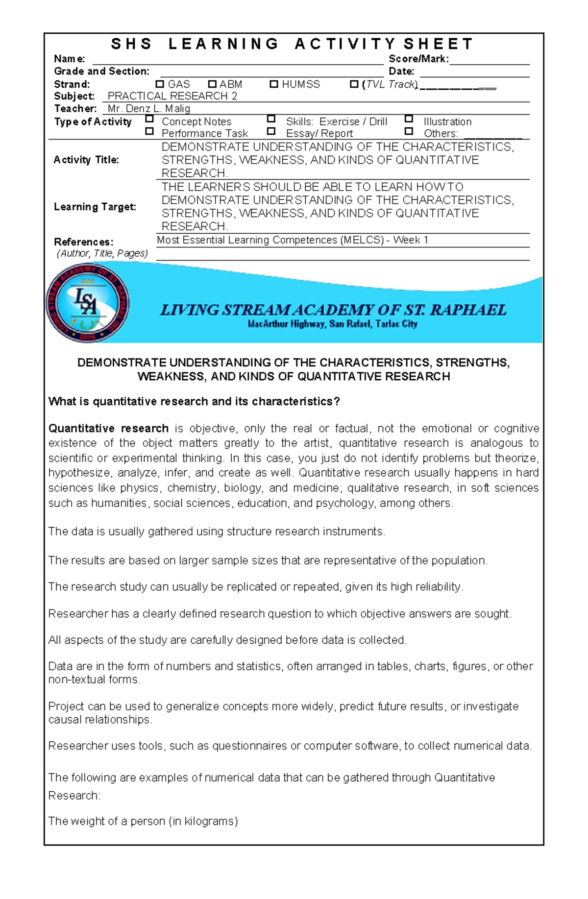 LAS-Practical Research - S H S L E A R N I N G A C T I V I T Y S H E E ...