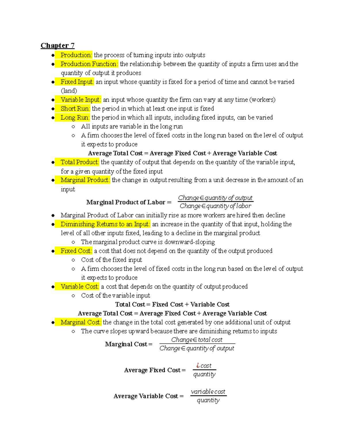 Micro Econ Chapter 7 Lecture Notes - Chapter 7 Production: the process ...