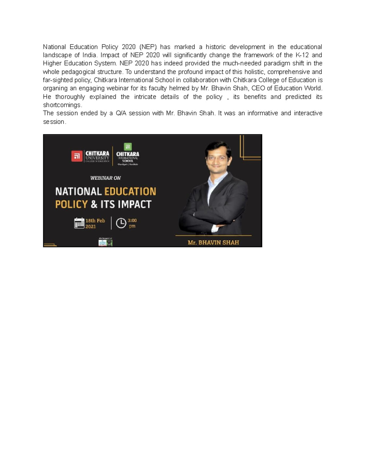 Webinar on NEP 2020 - It's about the national education policy ...