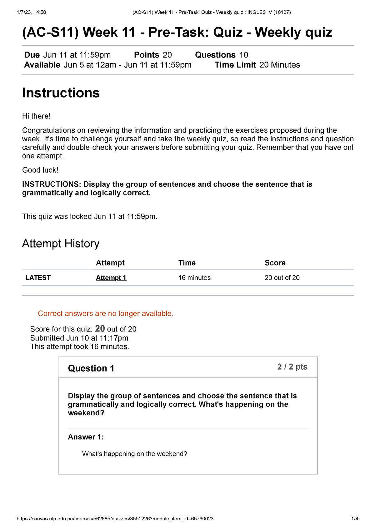 (AC-S11) Week 11 - Pre-Task Quiz - Weekly Quiz Ingles IV - (AC-S11 ...