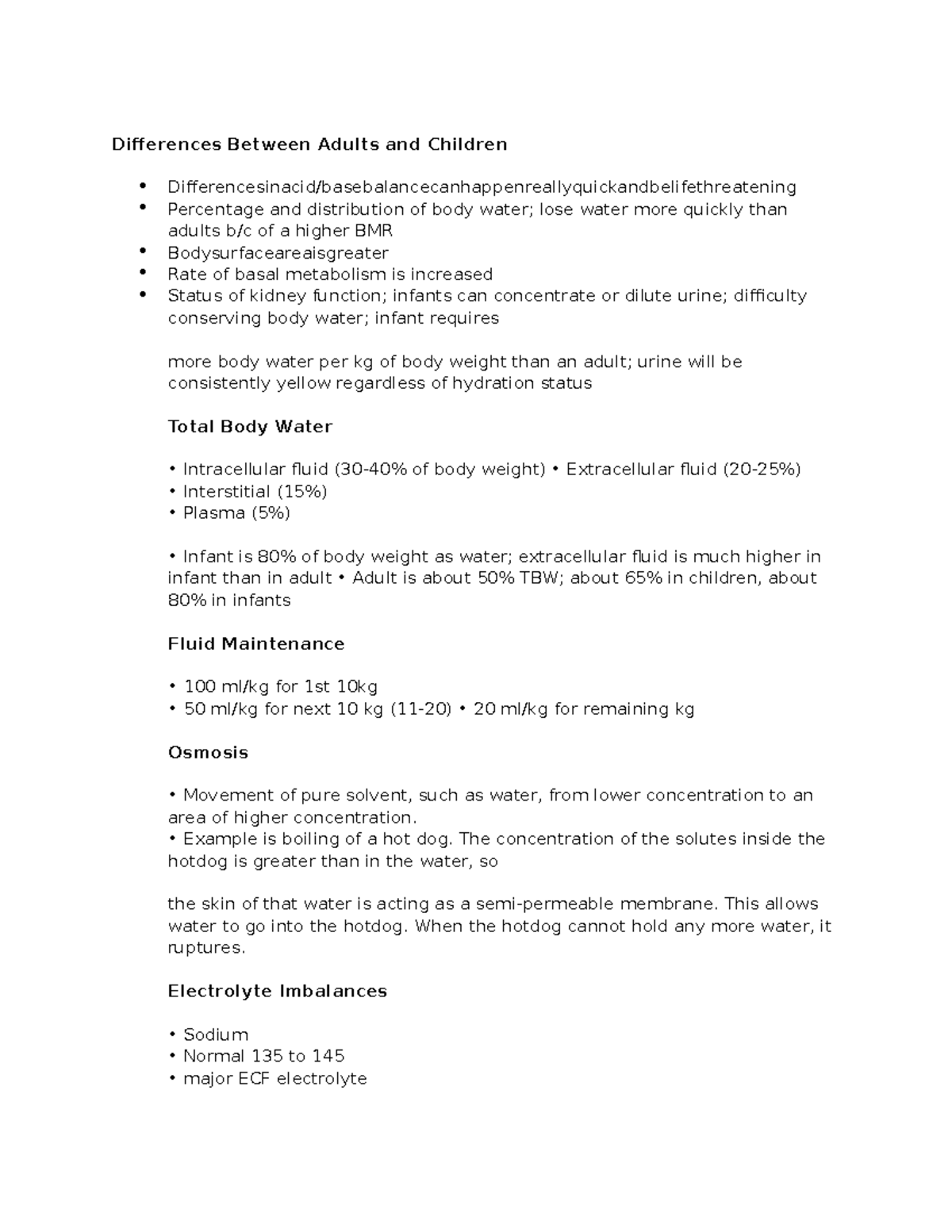 Pediatric fluid and electrolyte Differences Between Adults and