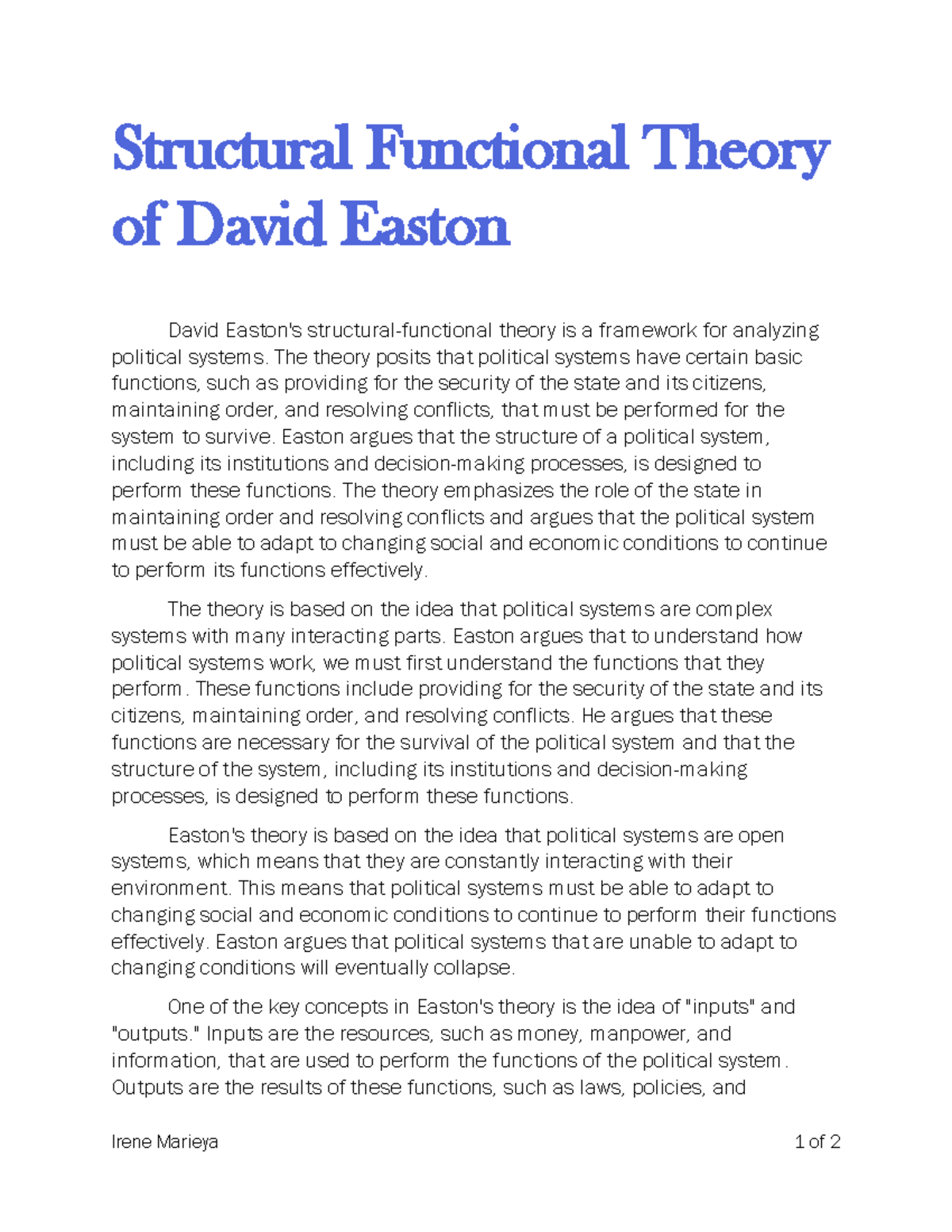 Structural Functional Theory Of David Easton - Irene Marieya 1 Of 2 ...