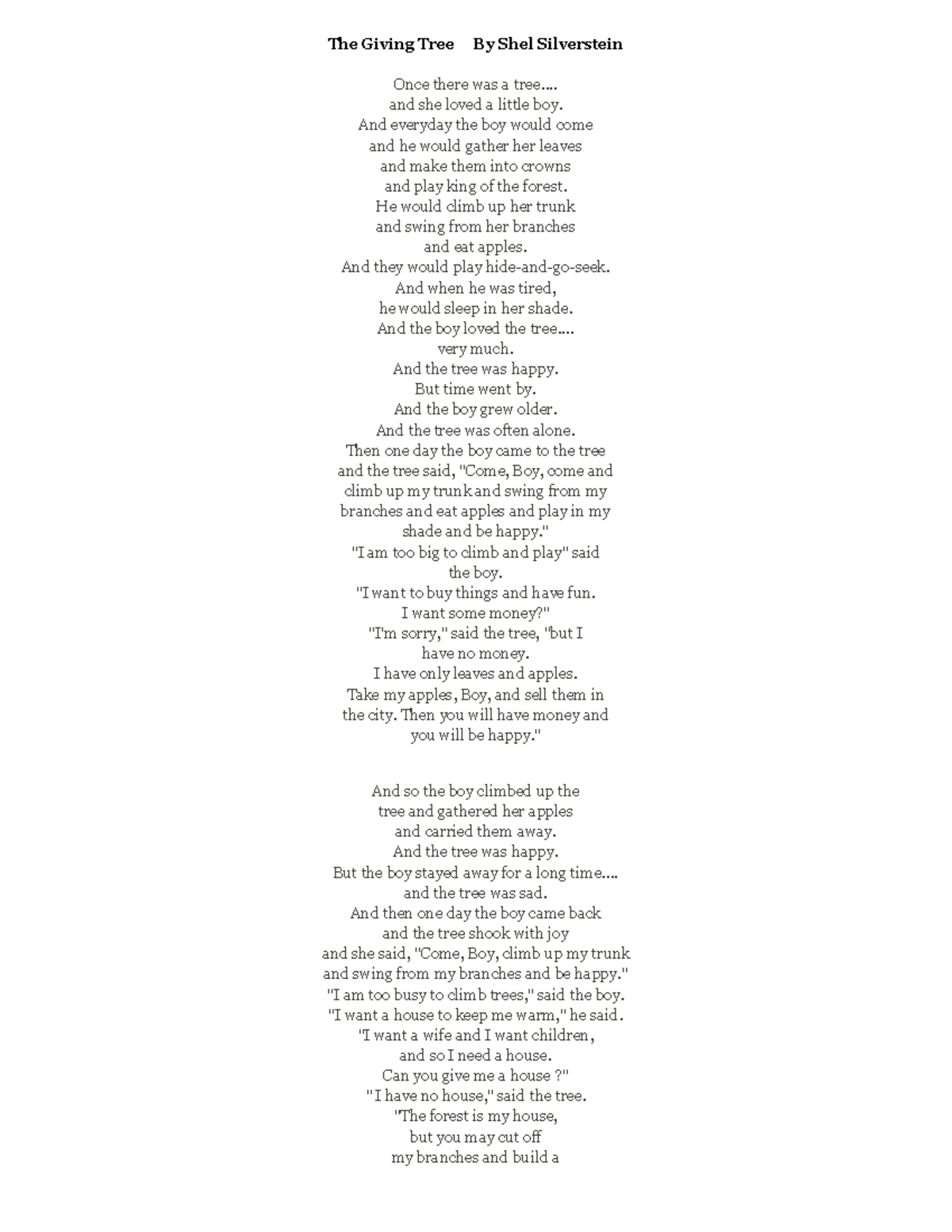 The Giving Tree Poem - The Giving Tree By Shel Silverstein Once there ...