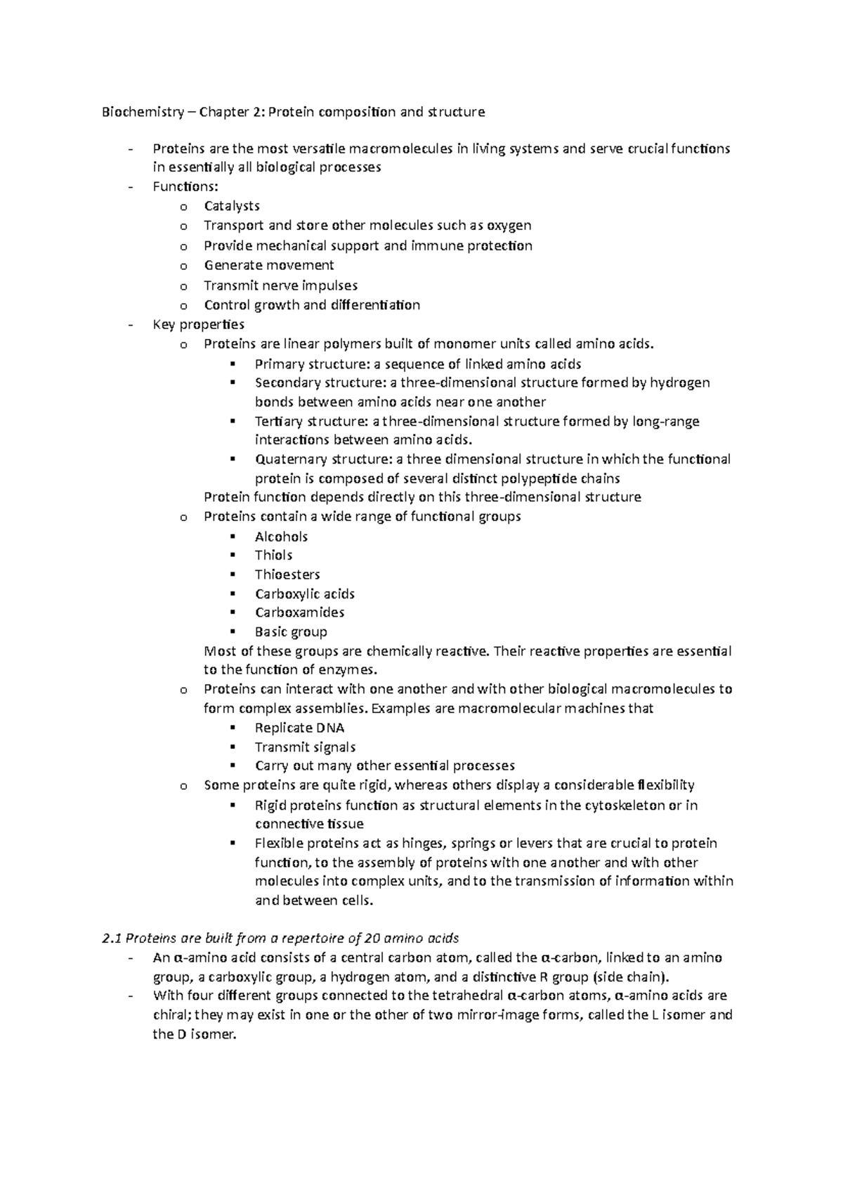 BB1702 Biochemistry - Biochemistry Chapter 2: Protein composition and ...