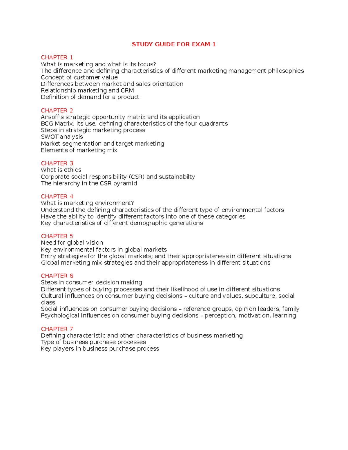 Marketing Study guide for upcoming exam 1 - STUDY GUIDE FOR EXAM 1 ...
