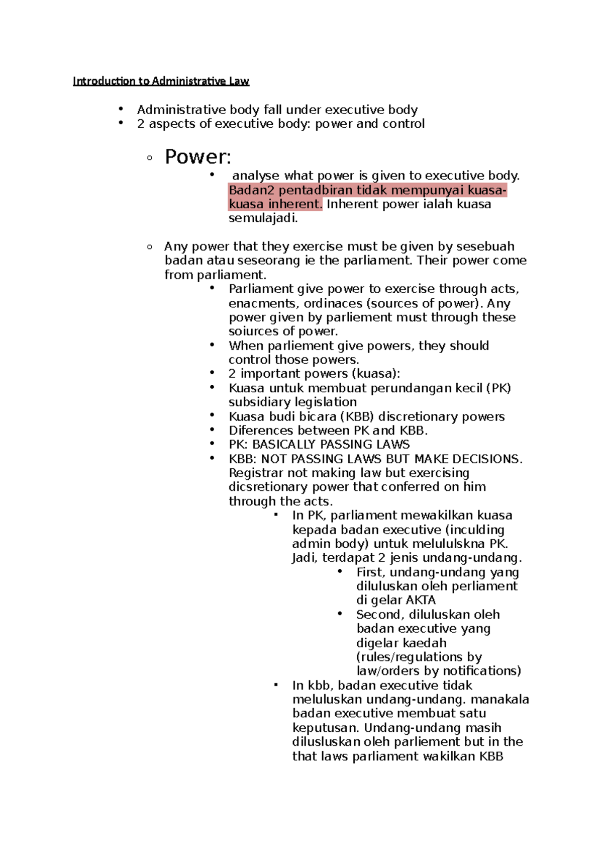 Introduction To Administrative Law Badan2 Pentadbiran Tidak Mempunyai Kuasa Kuasa Inherent Studocu
