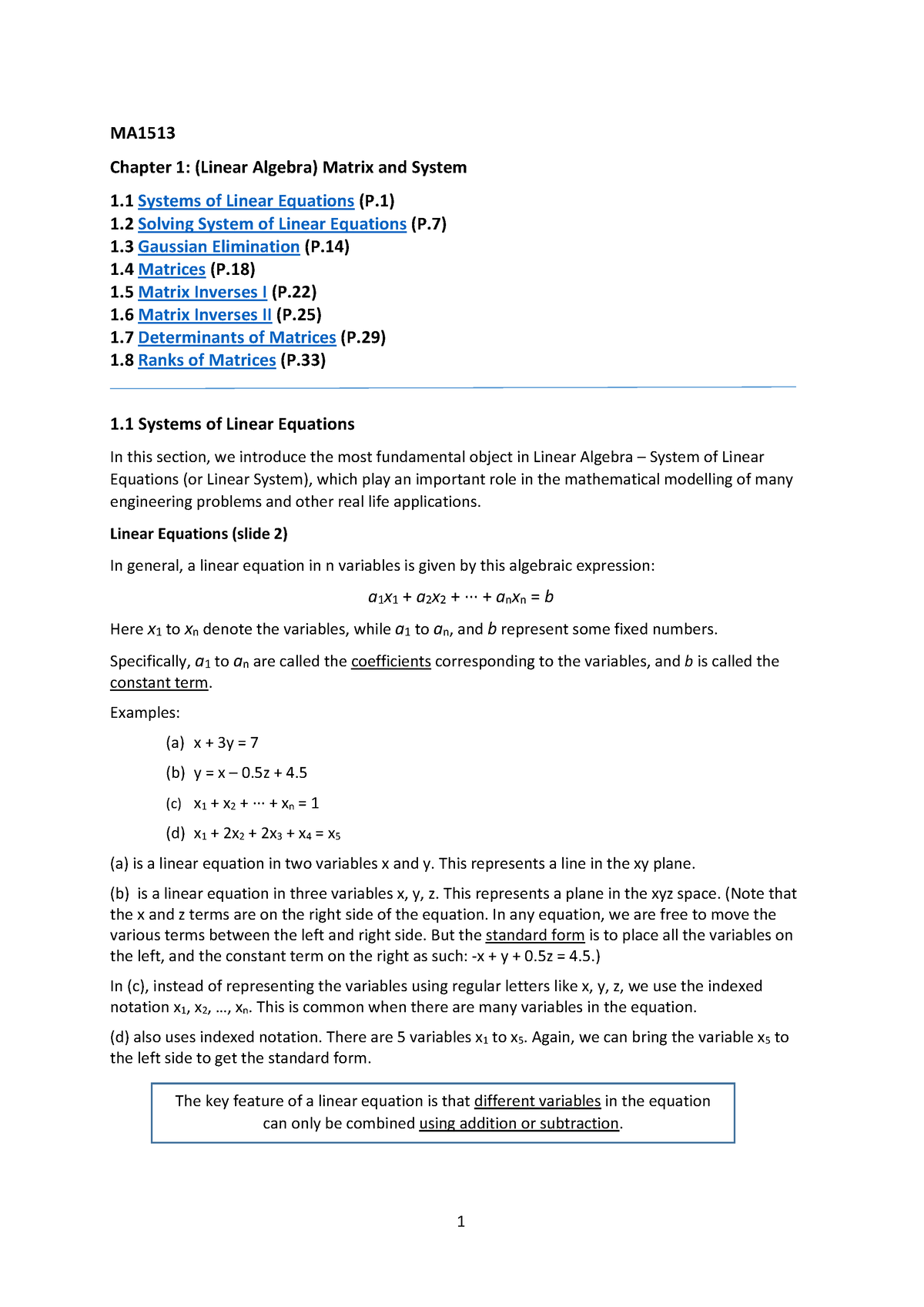 Chapter 1 Lecture Note - MA Chapter 1: (Linear Algebra) Matrix And ...