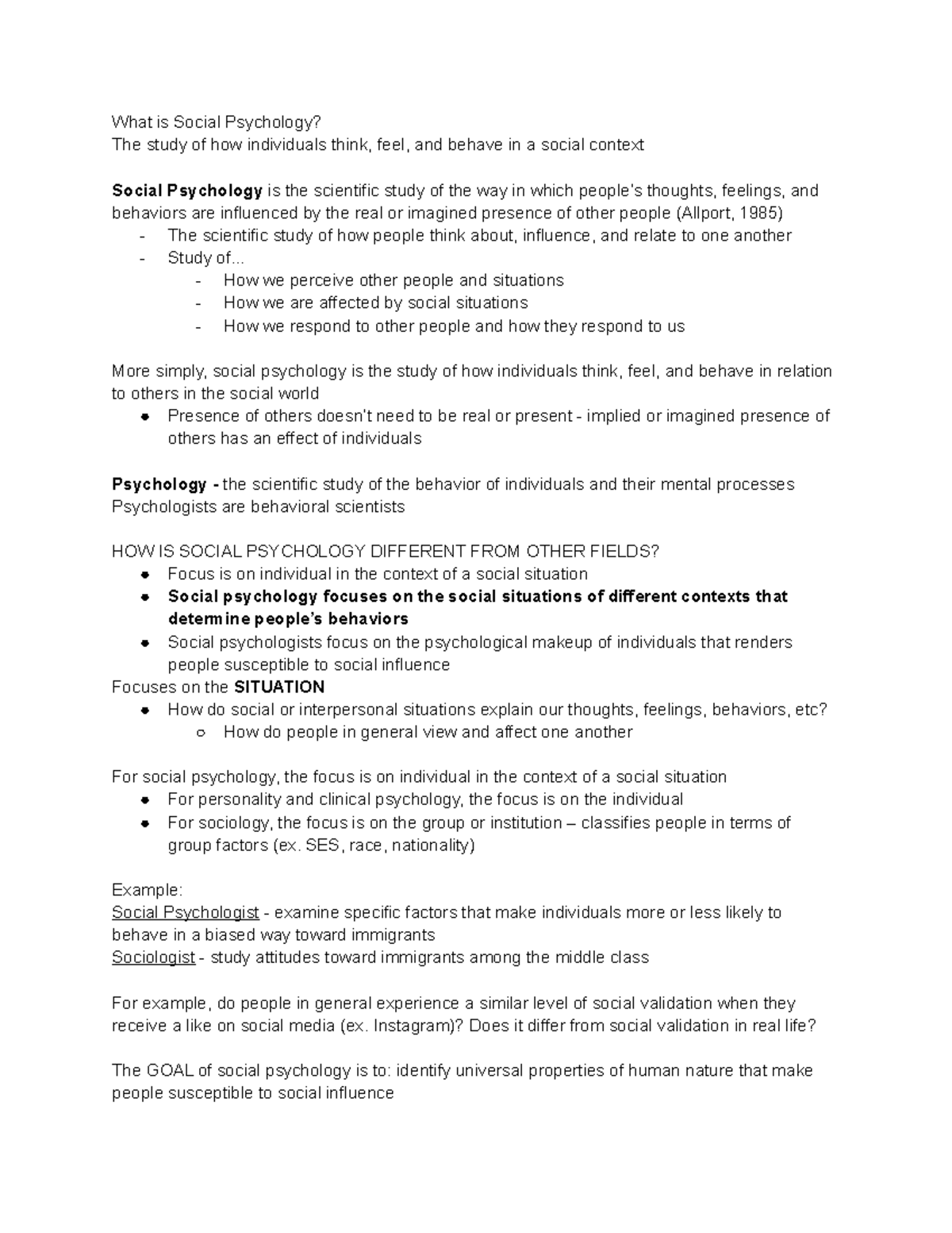 Week 1 (Modules 3-6) - What is Social Psychology? The study of how ...