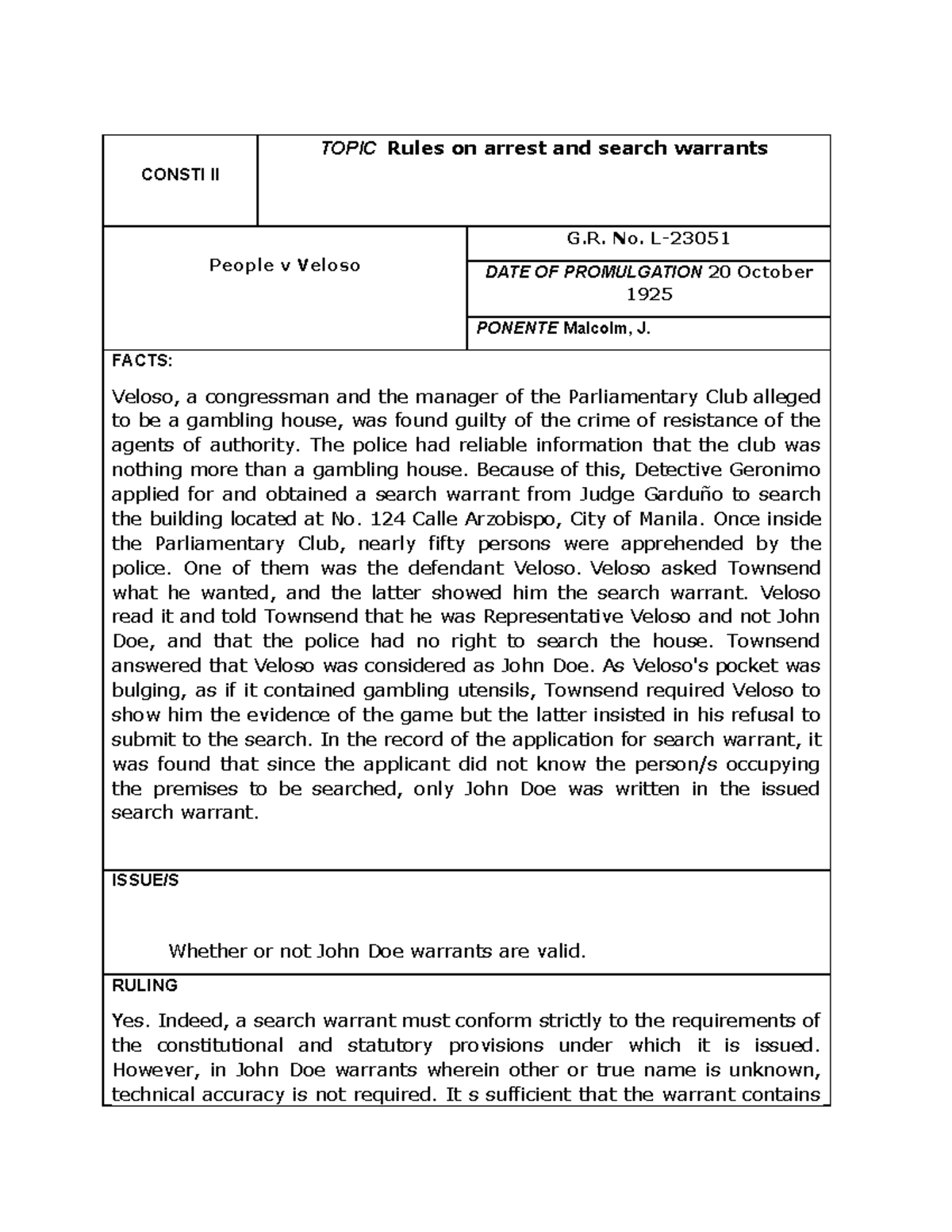 Case Digest: People V Veloso - CONSTI II TOPIC Rules On Arrest And ...