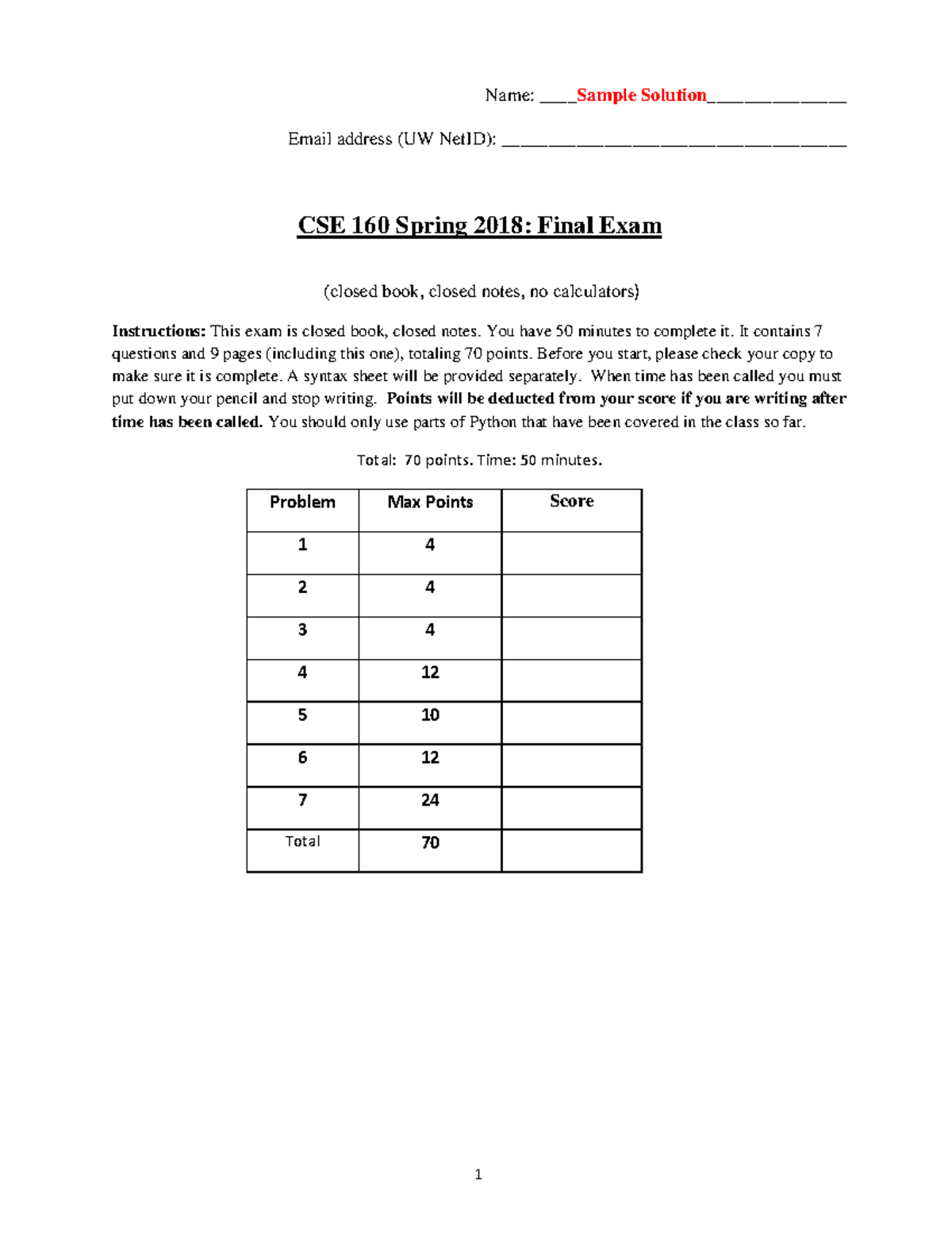 CSE160 Final 18sp key - Name: Sample Solution___________ Email address ...