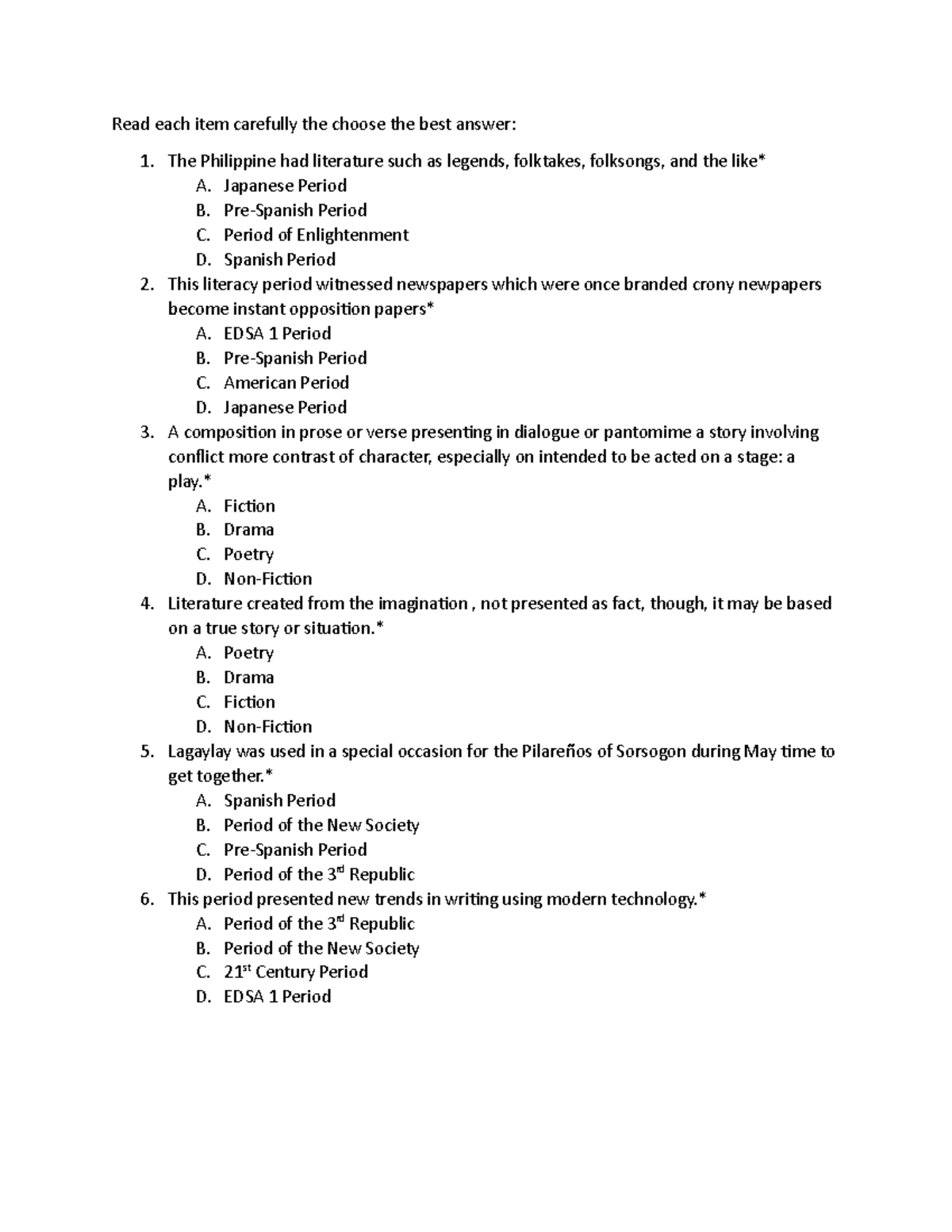 1st quarter Prelim Examination - Read each item carefully the choose ...