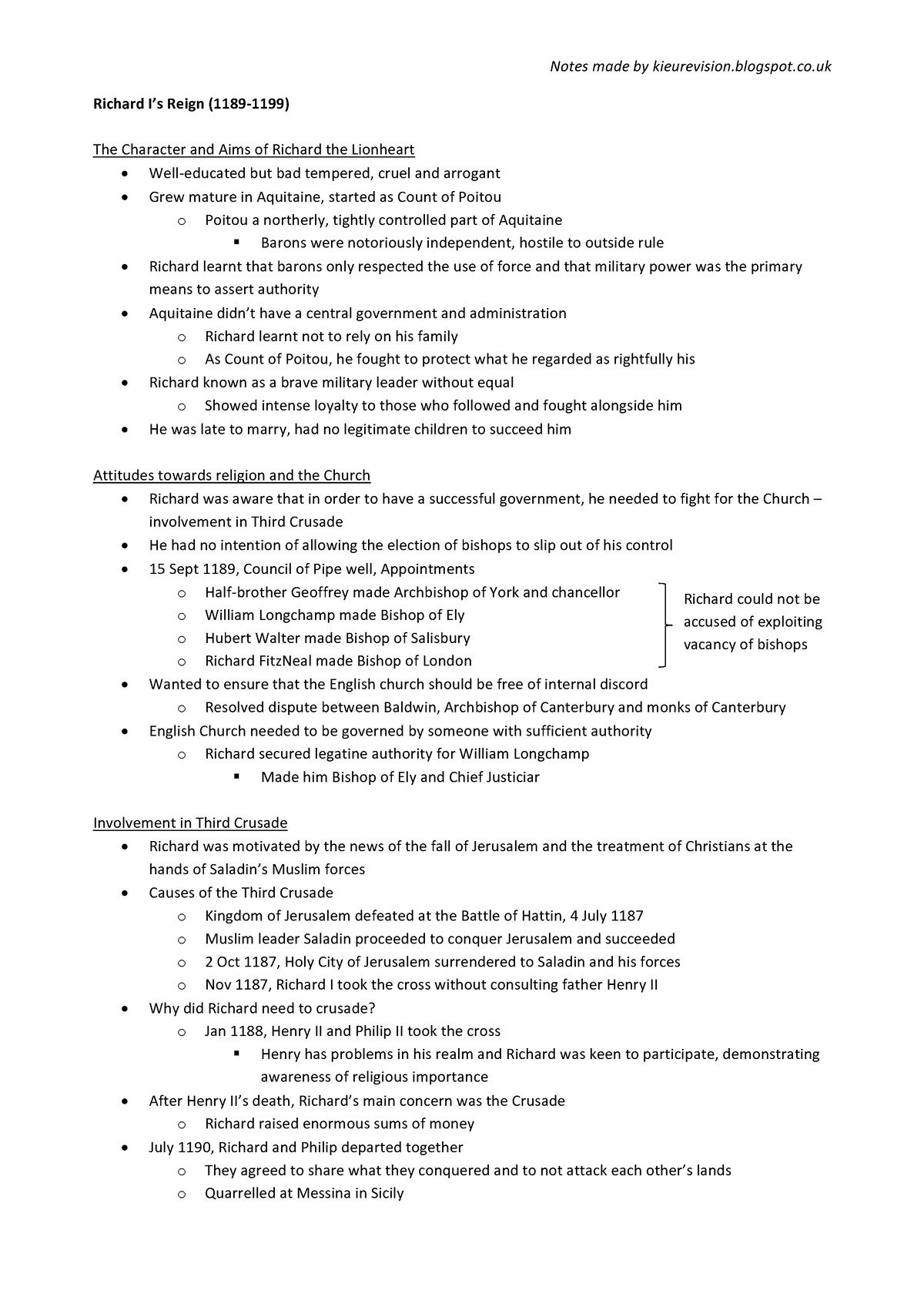 Copy of Richard I - Notes from lesson - **Richard I9s Reign (1189-1199 ...