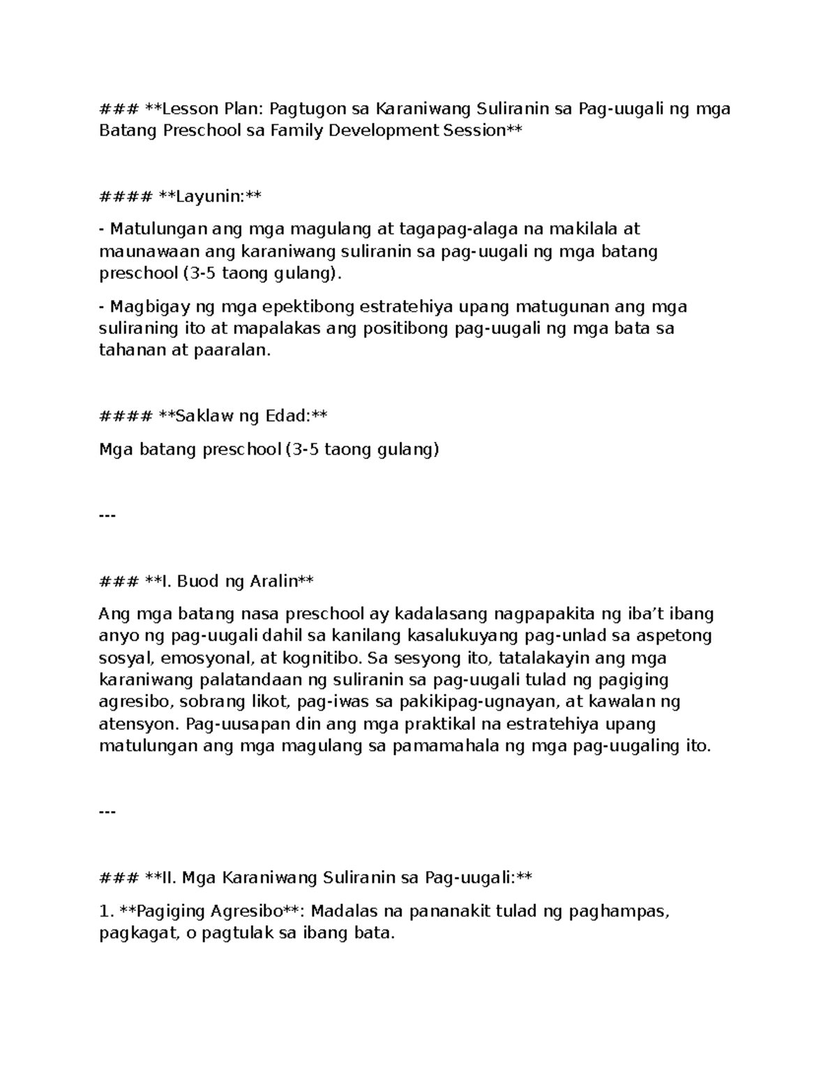 Family Development Session for the month of October - **Lesson Plan ...