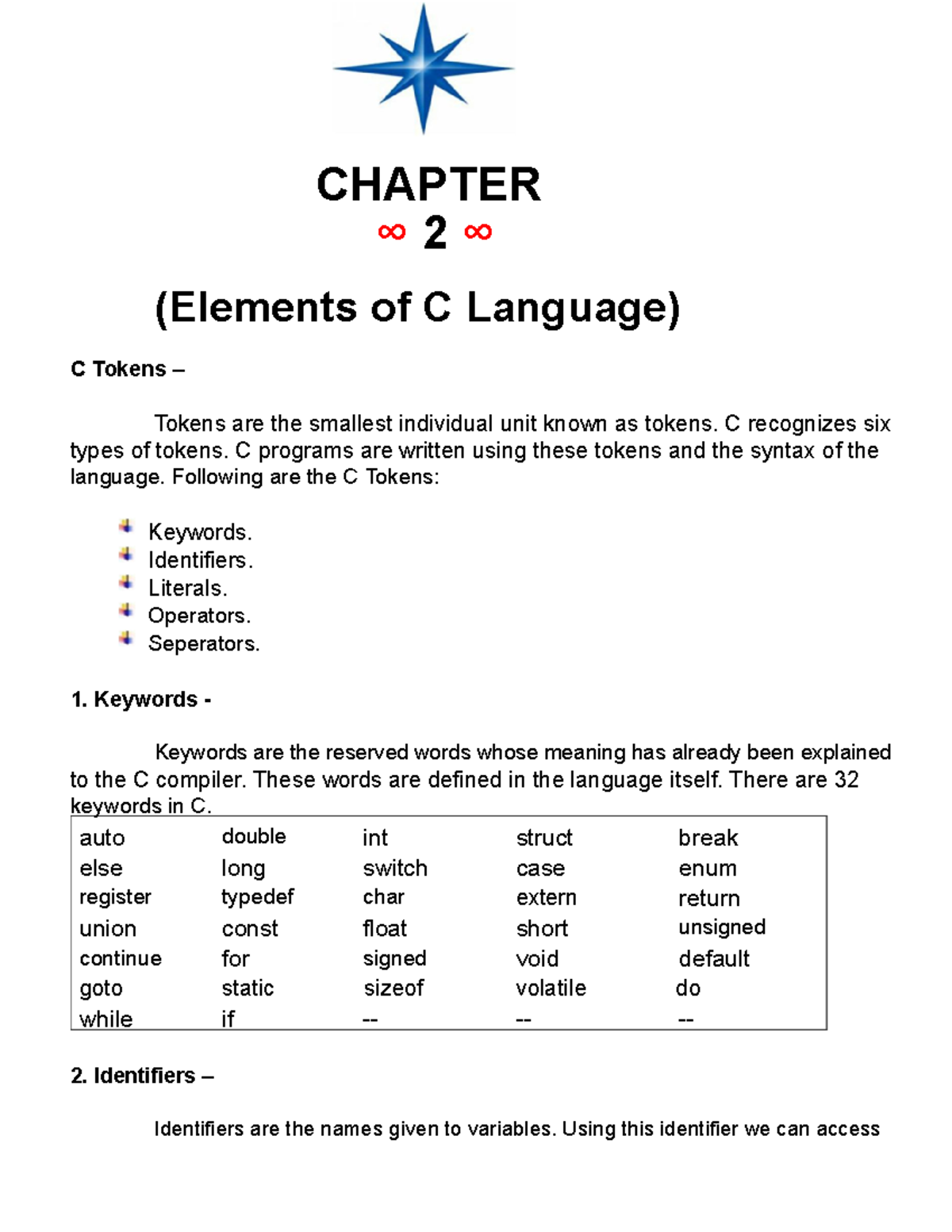 Chapter 2 - ASSIGNMENT - ∞ 2 ∞ (Elements of C Language) C Tokens ...