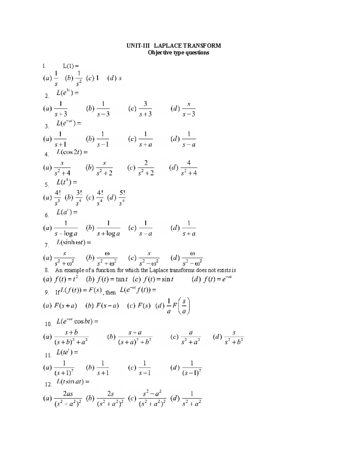 Laplace transform - Important document. - Advanced Calculus And Complex ...