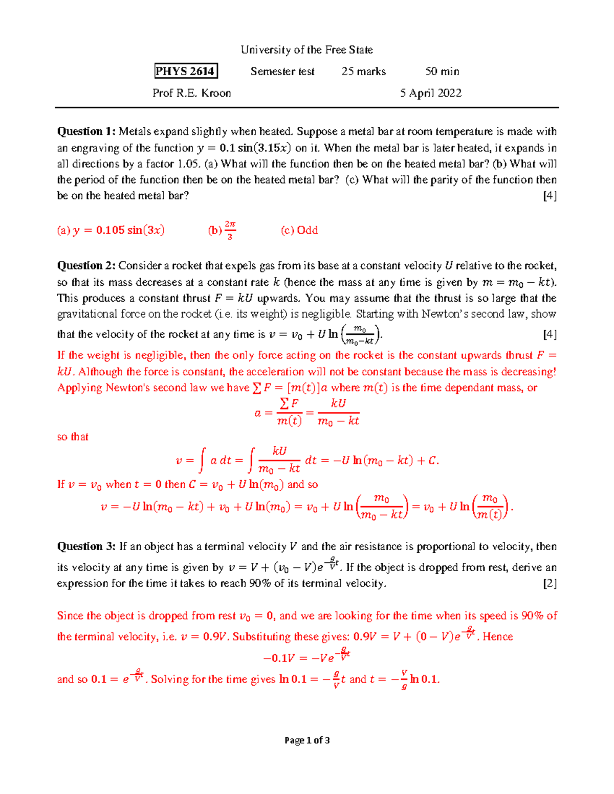 PHYS2614 Test 1 2022 + solutions - Page 1 of 3 University of the Free ...