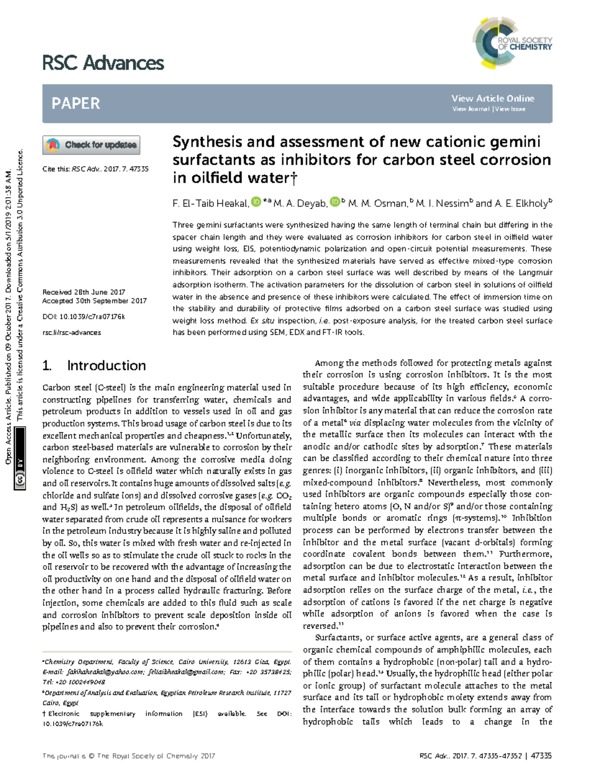 Synthesis and assessment of new cationic gemini surfactants as ...
