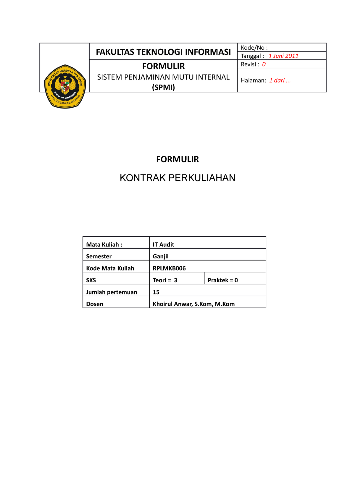 Format Kontrak Kuliah Sesuai SPMI - FAKULTAS TEKNOLOGI INFORMASI Kode ...