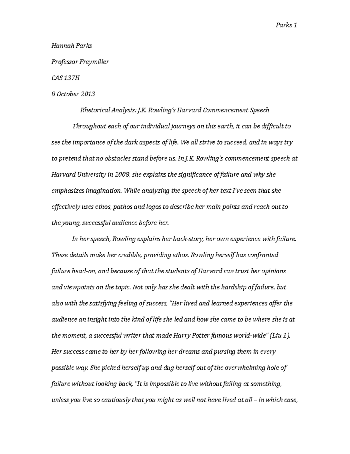 Rhetorical Analysis Essay Hannah Parks Professor Freymiller Cas 137h October Studocu