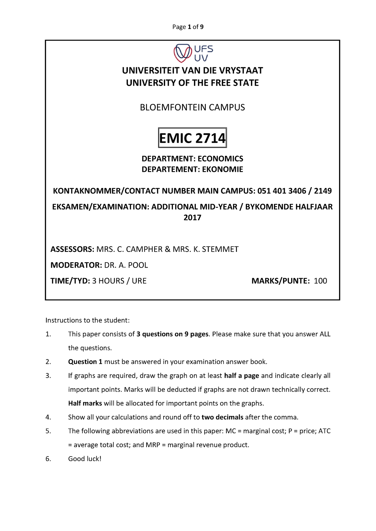 Exam 2 2017 For Bb - Past Paper That Will Help With Exams - EMIC2714 ...