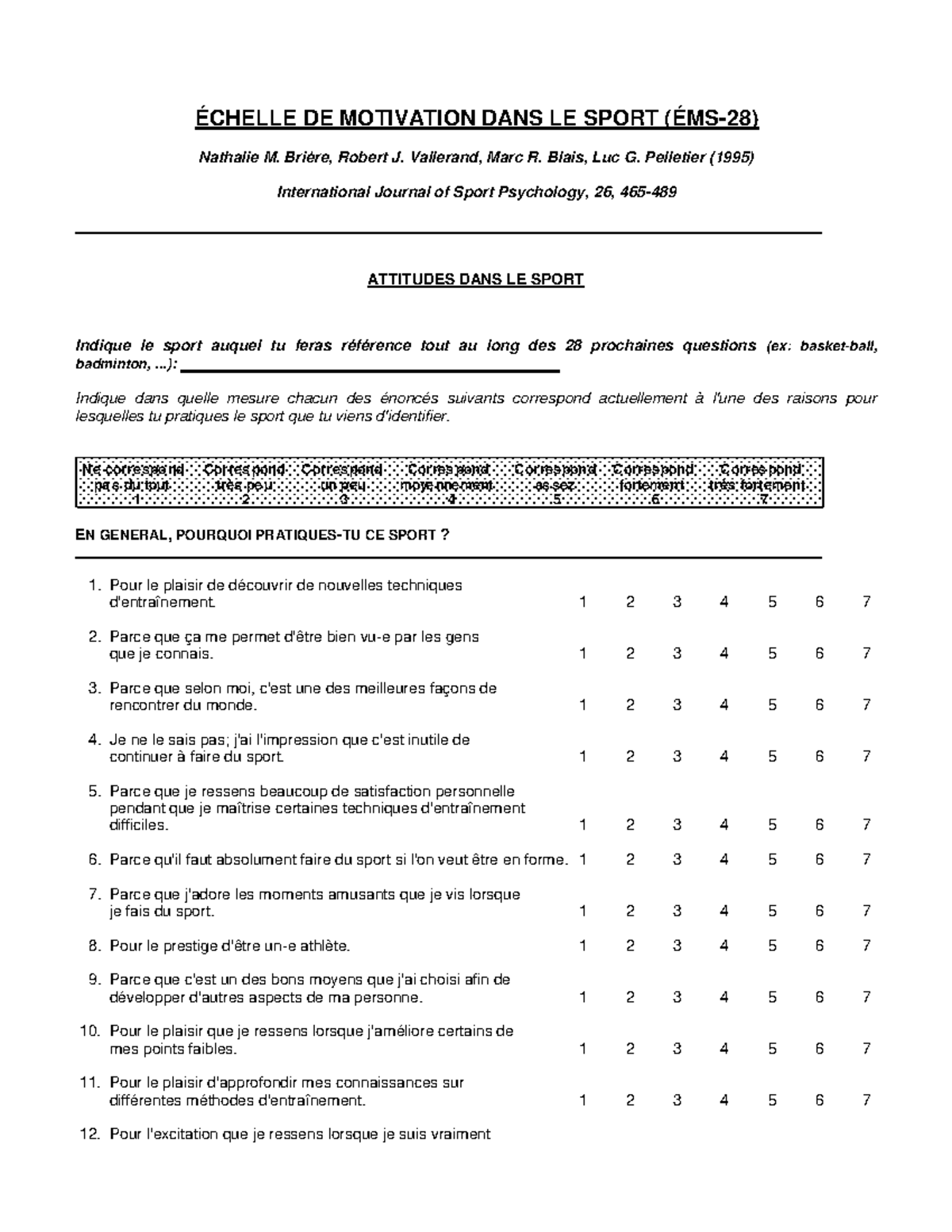 Echelle de Motivation dans le Sport (EMS) sans clé - ÉCHELLE DE ...