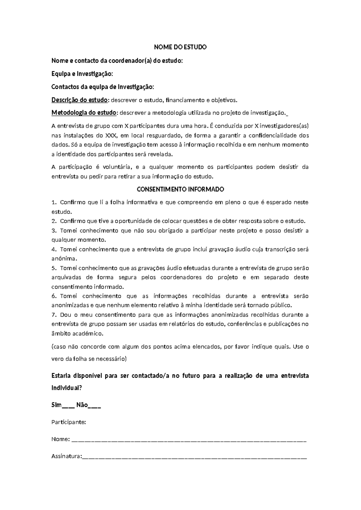 ICS - exemplo de consentimento informado - NOME DO ESTUDO Nome e ...