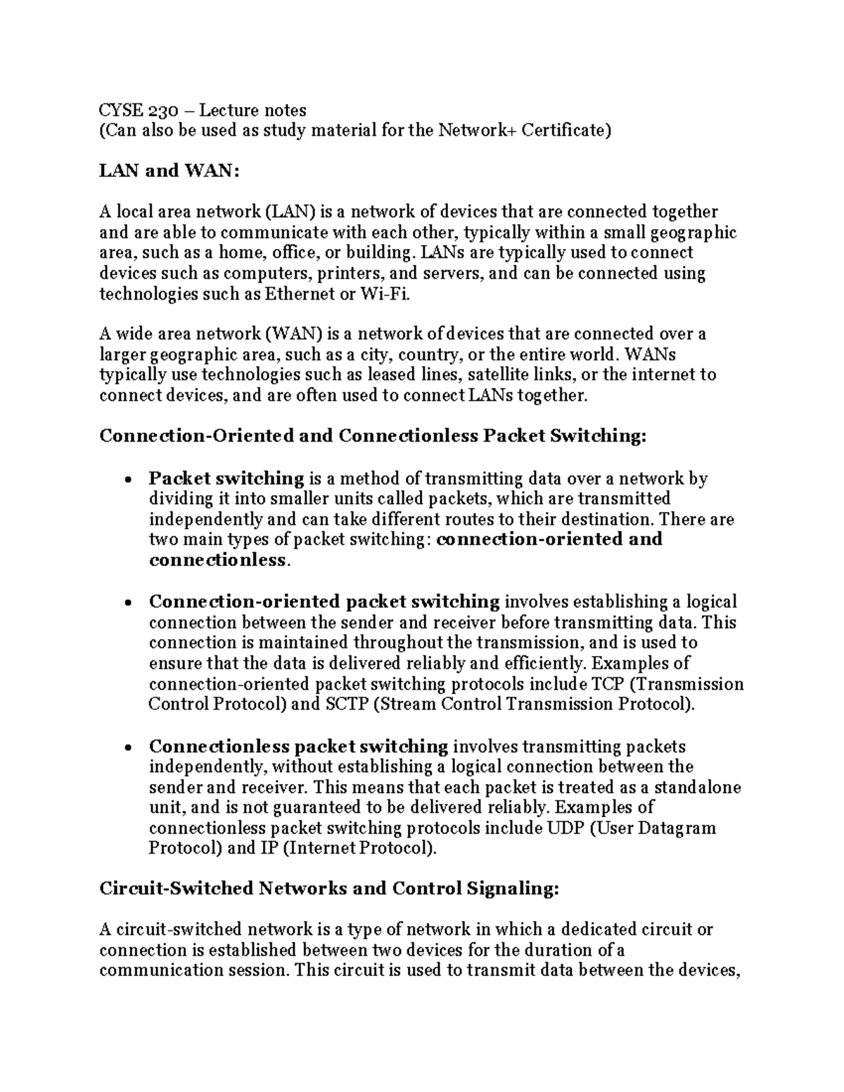LAN and WAN, Packet switching, DNS, and routing CYSE 230 Lecture
