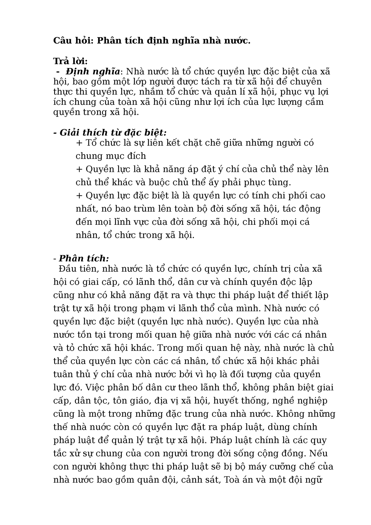 Phân tích định nghĩa về nhà nước - Trả lời: - Định nghĩa: Nhà nước là tổ chức quyền lực đặc biệt của - Studocu