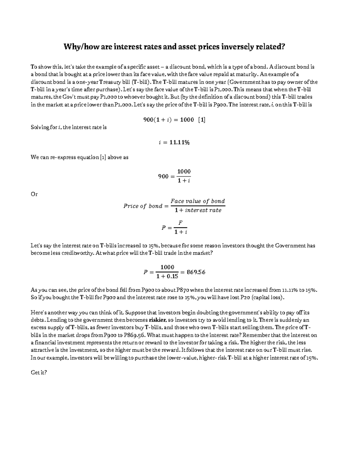Why are interest rates and asset prices inversely related A discount