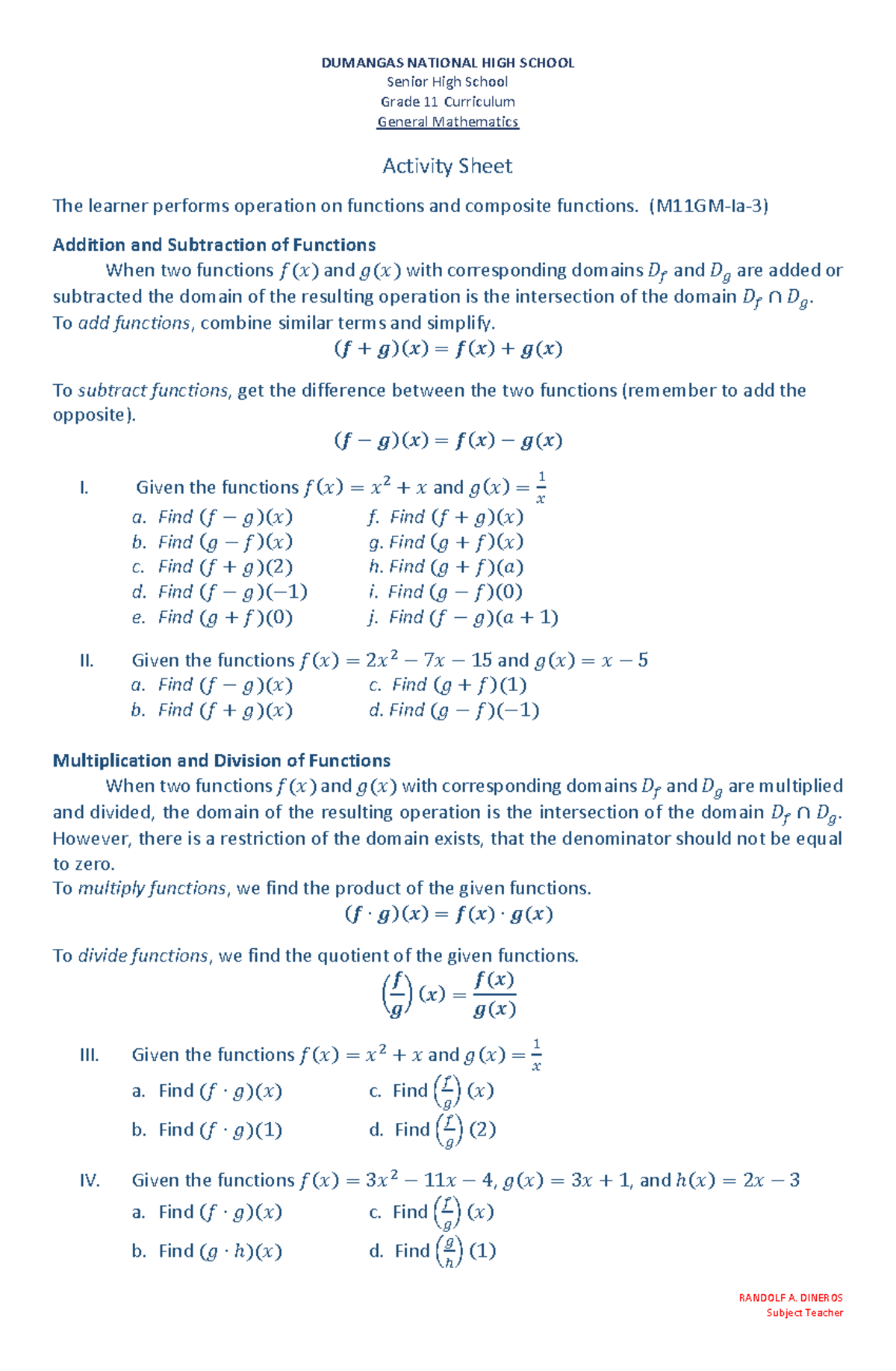 Activity Sheet-Operations on Functions - DUMANGAS NATIONAL HIGH SCHOOL ...