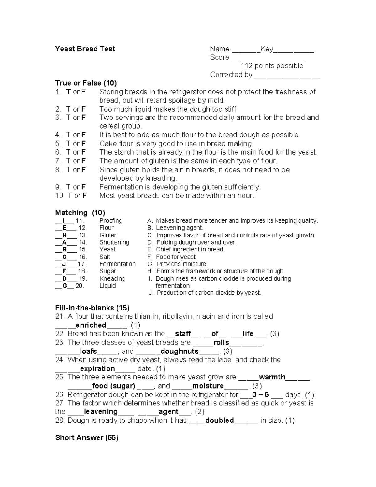 Yeast Bread Test KEY Class Discussion Yeast Bread Test Name Key Score