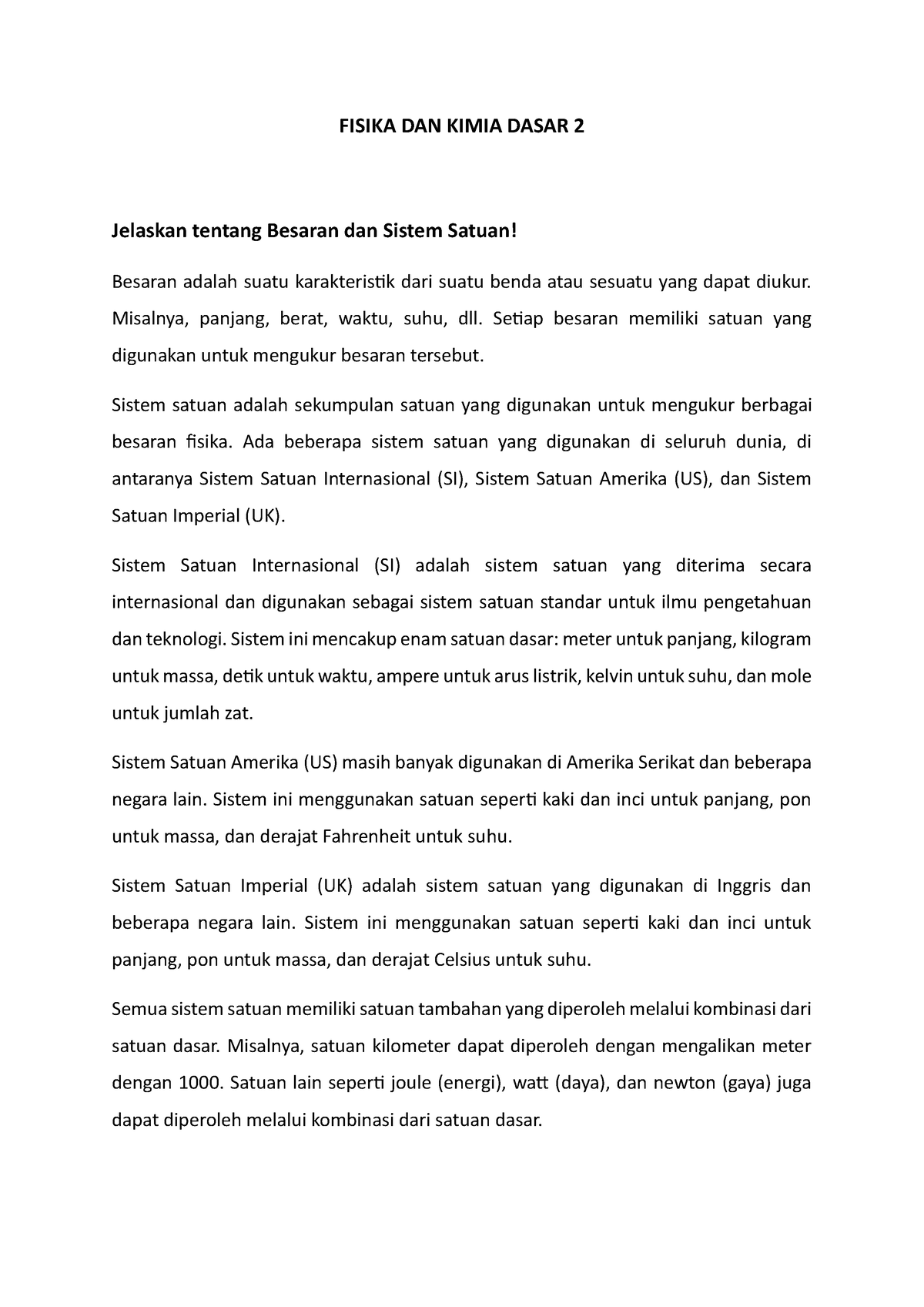 Besaran Dan Sistem Satuan - FISIKA DAN KIMIA DASAR 2 Jelaskan Tentang ...