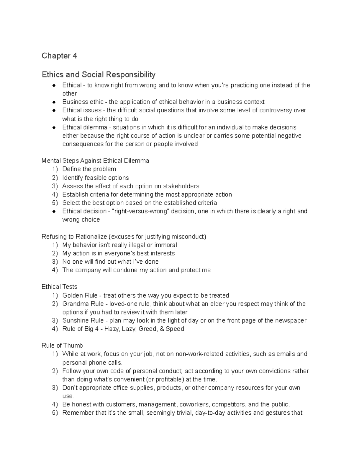 Chapter 4 - Textbook Notes - Chapter 4 Ethics And Social Responsibility ...