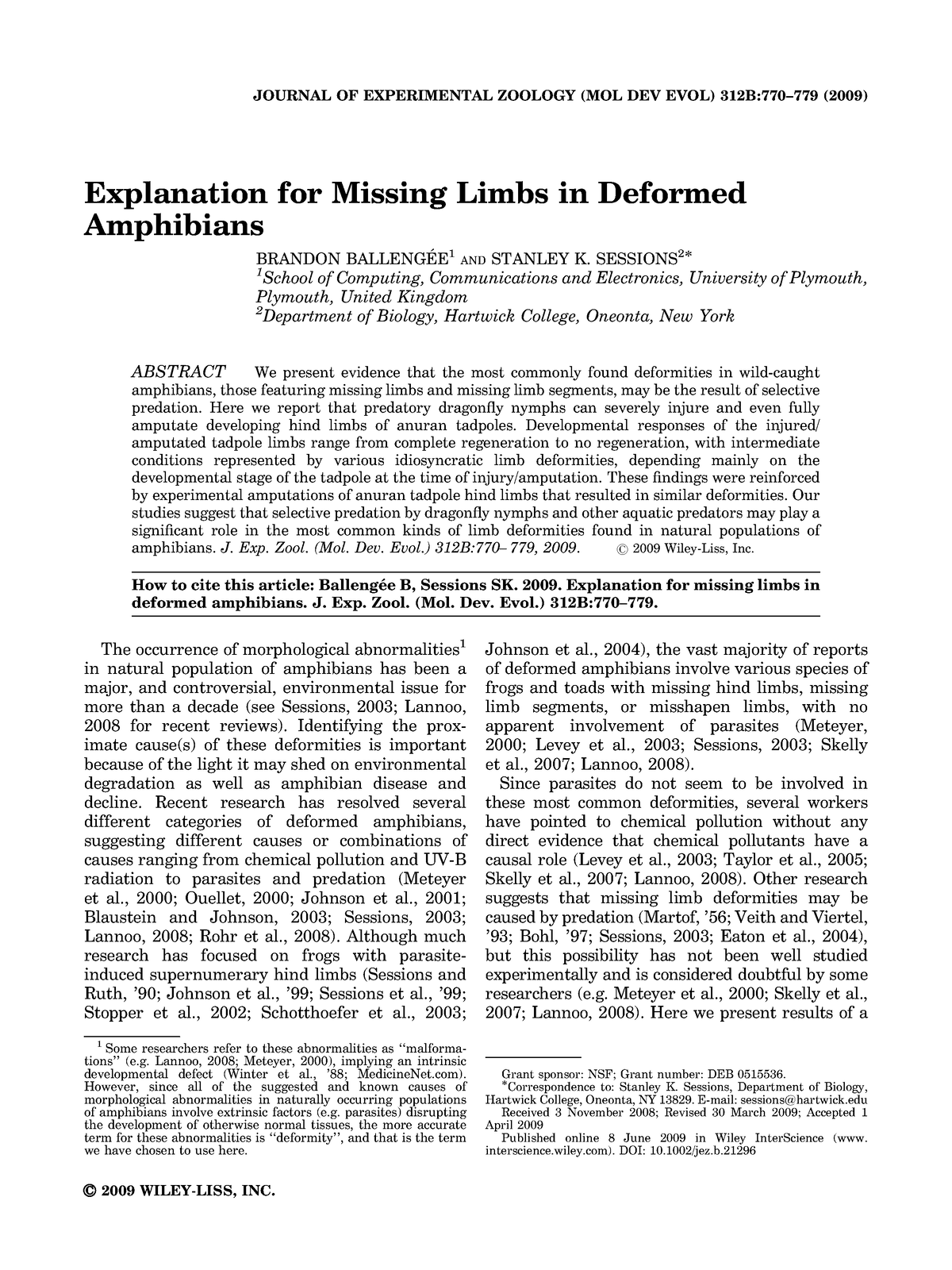 Explanation for missing limbs in deformed amphibians-2009 - Explanation