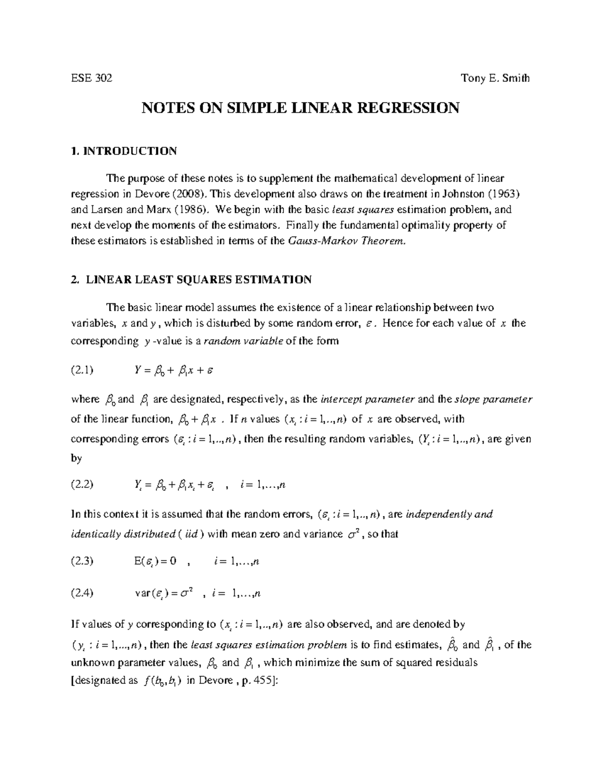 Regression Notes - ESE 302 Tony E. Smith NOTES ON SIMPLE LINEAR ...