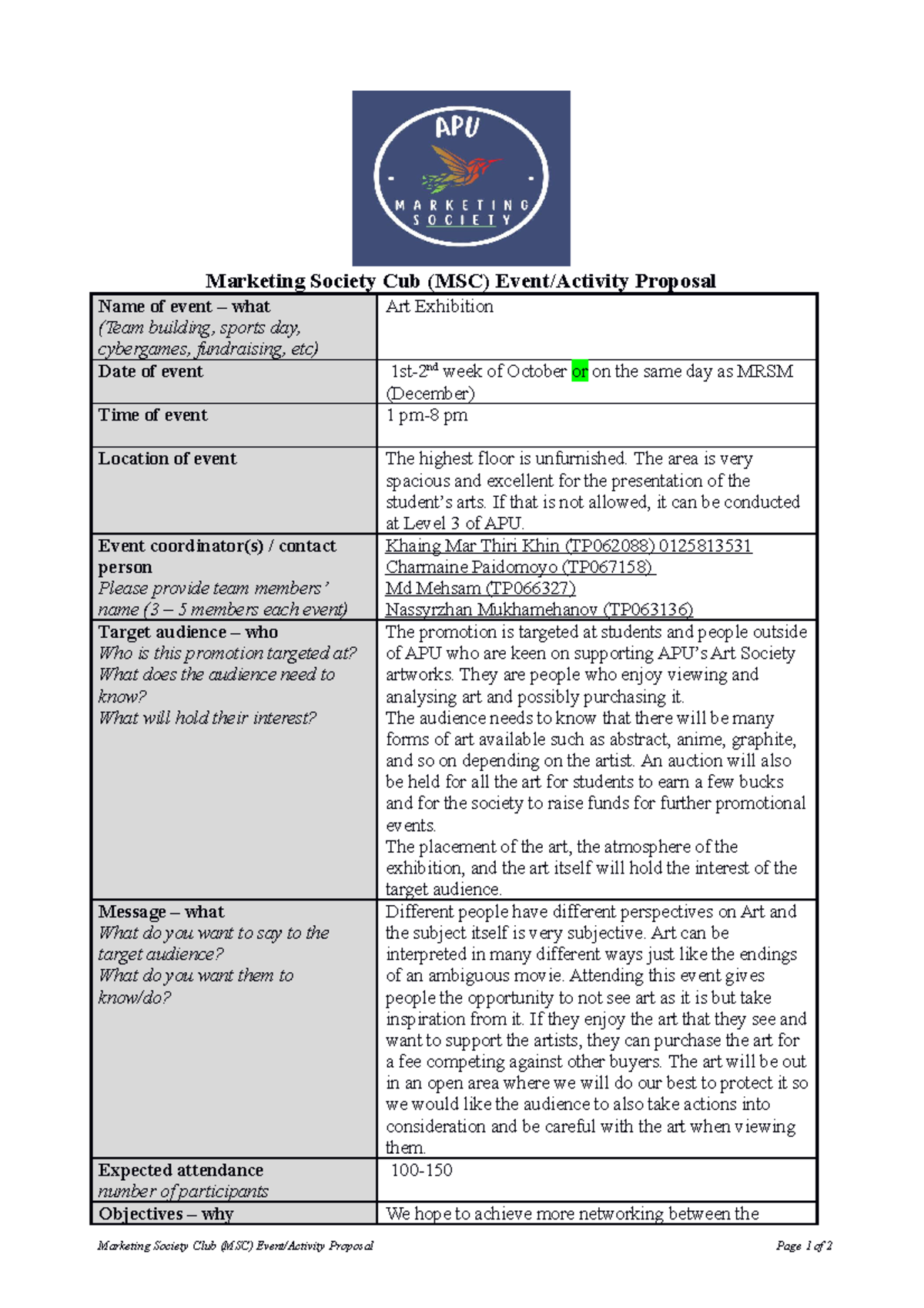 Art Exhibition Proposal Form template - Marketing Society Cub (MSC ...