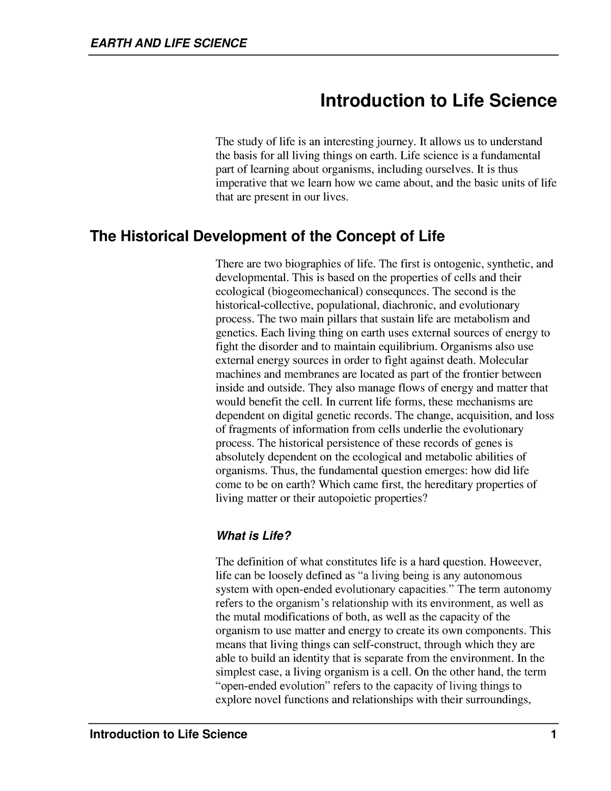 introduction to life science essay